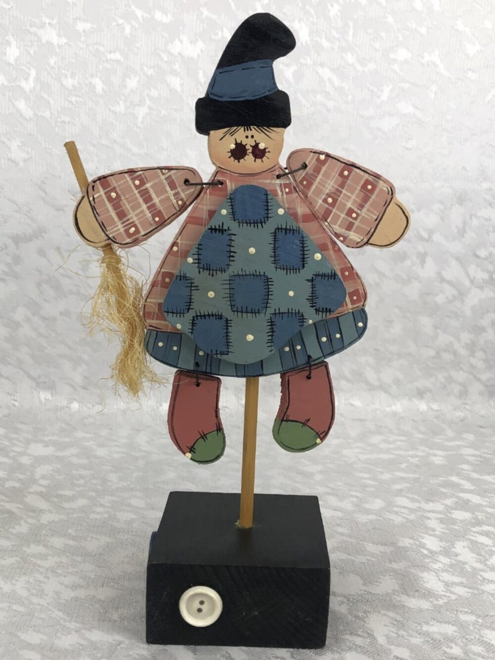 Whimsical Wooden Witch Figurine with Broom – Halloween & Year-Round Decor